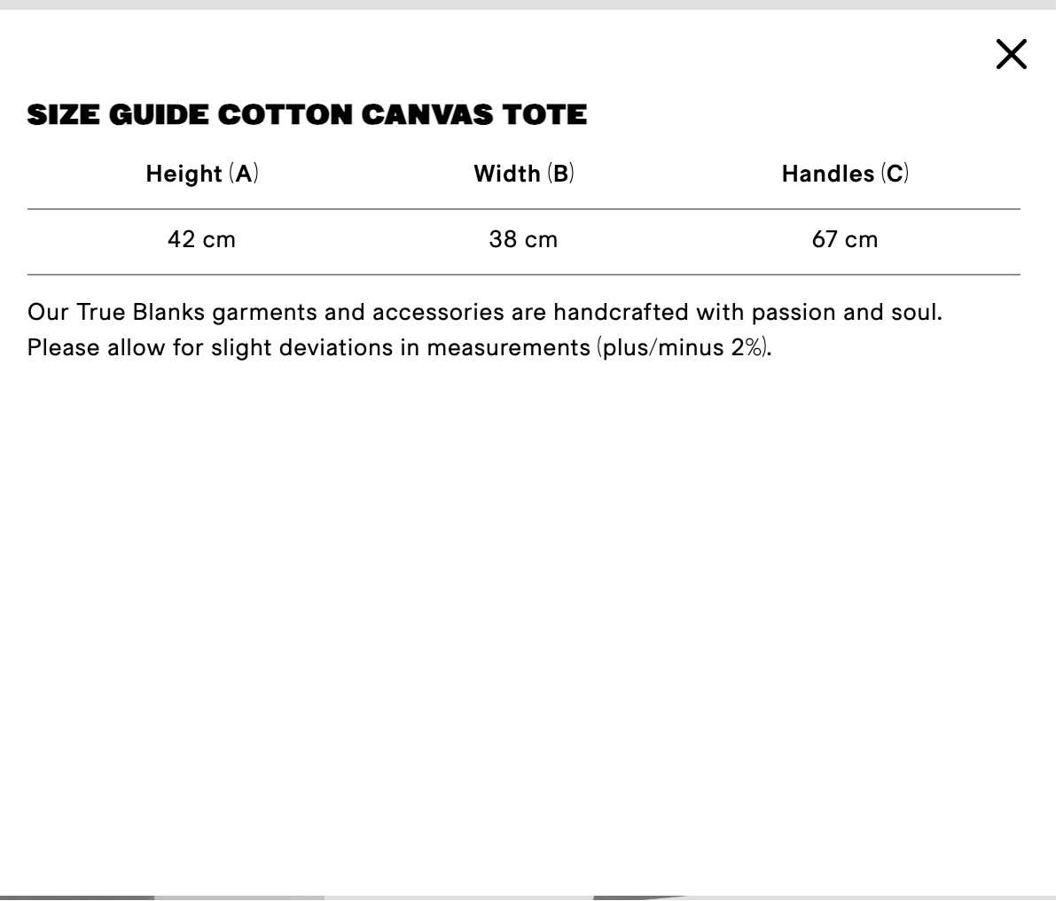 Size guide cotton canvas tote